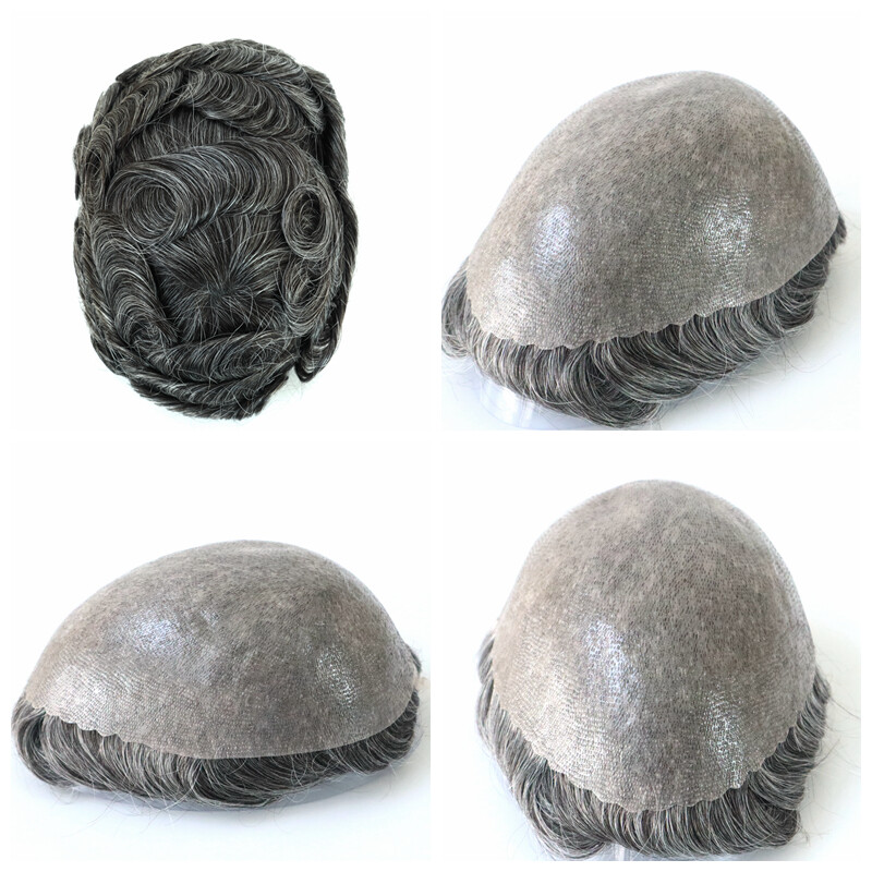 Mens Toupee Hair Replacement System Poly Skin V-looped Human Hairpieces #1B40