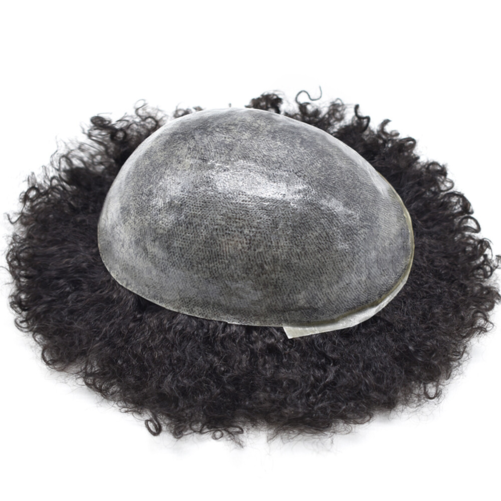 African American Men Wig 6mm Afro Curly Mens Toupee Full Poly PU Hair Systems