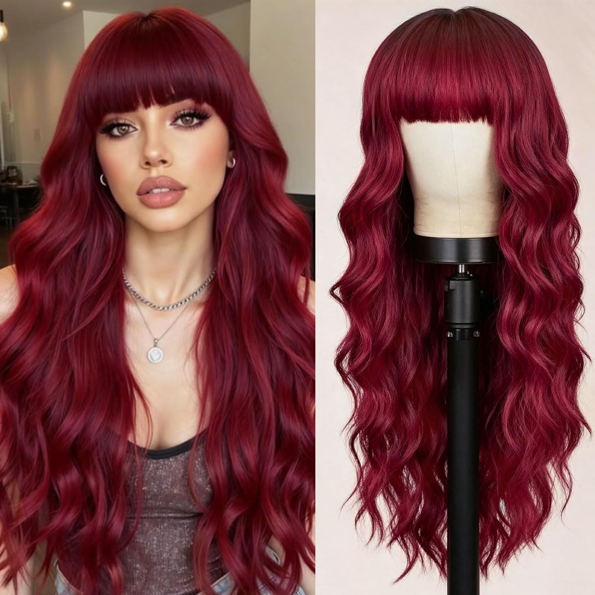 Burgundy Red Wig with Bangs 26 Inch Long Curly Wavy Wigs for Women Begineer-f…