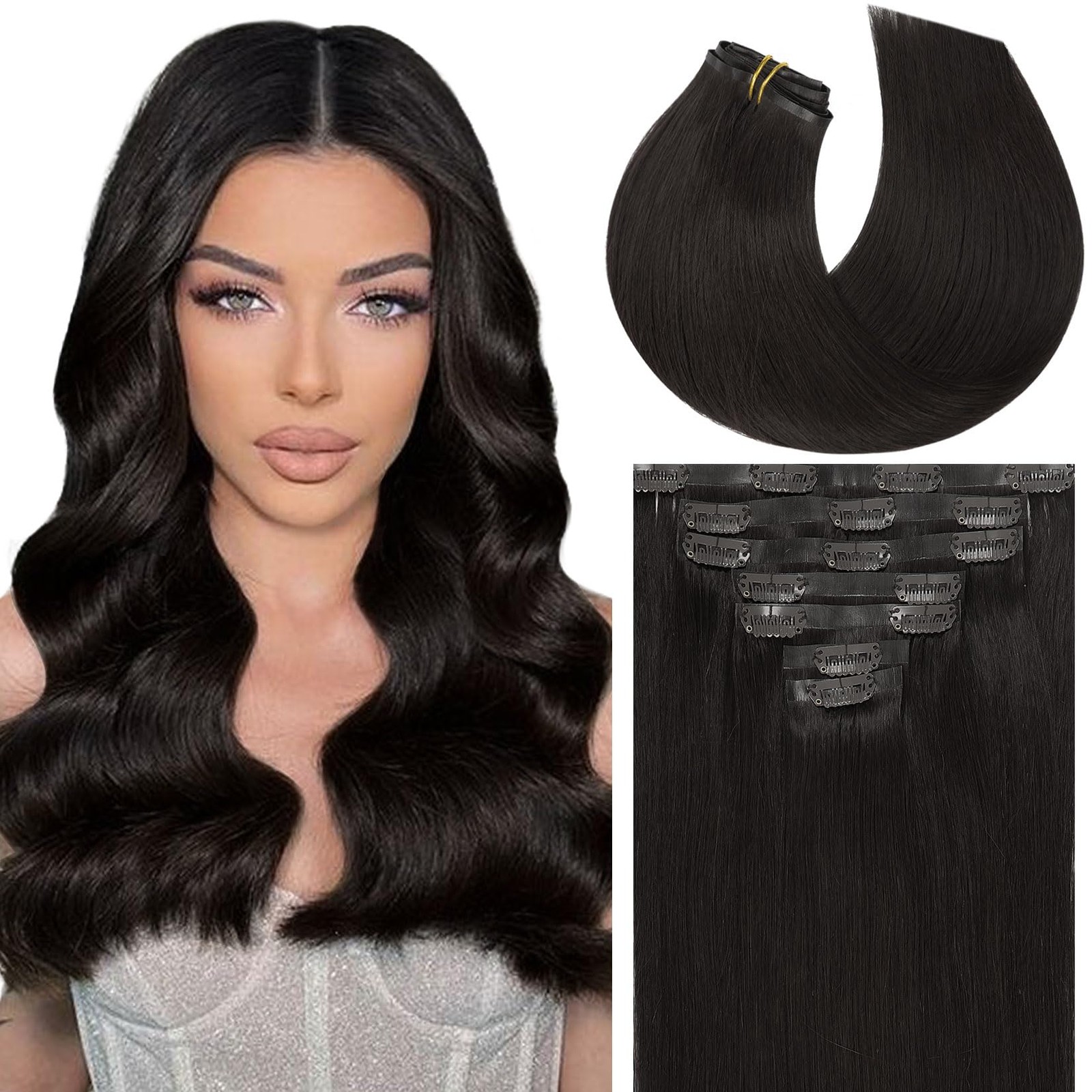 Caliee 18Inch Clip In Hair Extensions Real Human Hair Color 1B Natural Black