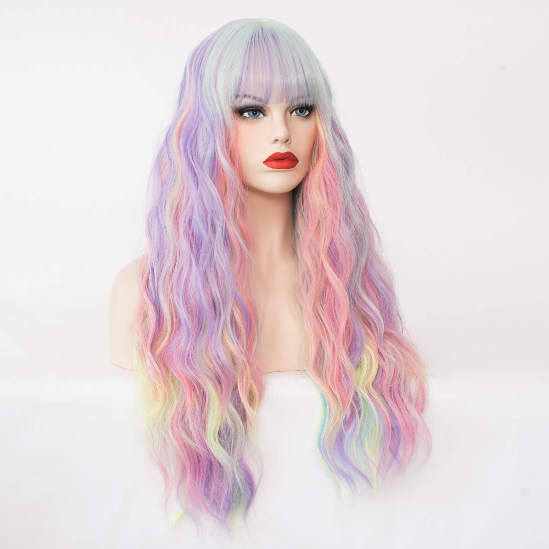 Women’s Multi Color Rainbow Wig 27 Inches Long Curly Wavy Hair Wig Heat Resis…