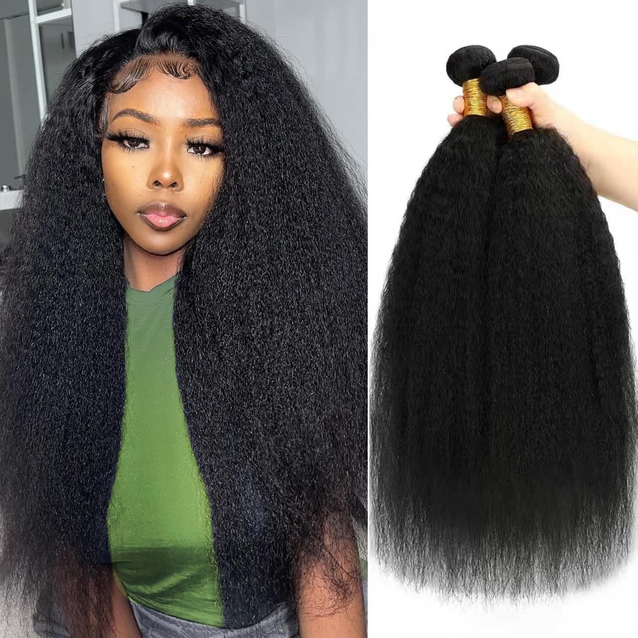 3 Bundles Human Hair Yaki Brazilian Kinky Straight 100% Human Hair Extensions