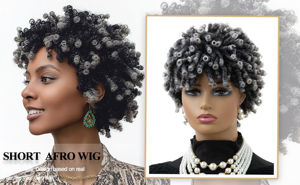 MIMAN Tight Curl Short Black Grey Afro Wig curly kink twist woman synthetic 10″