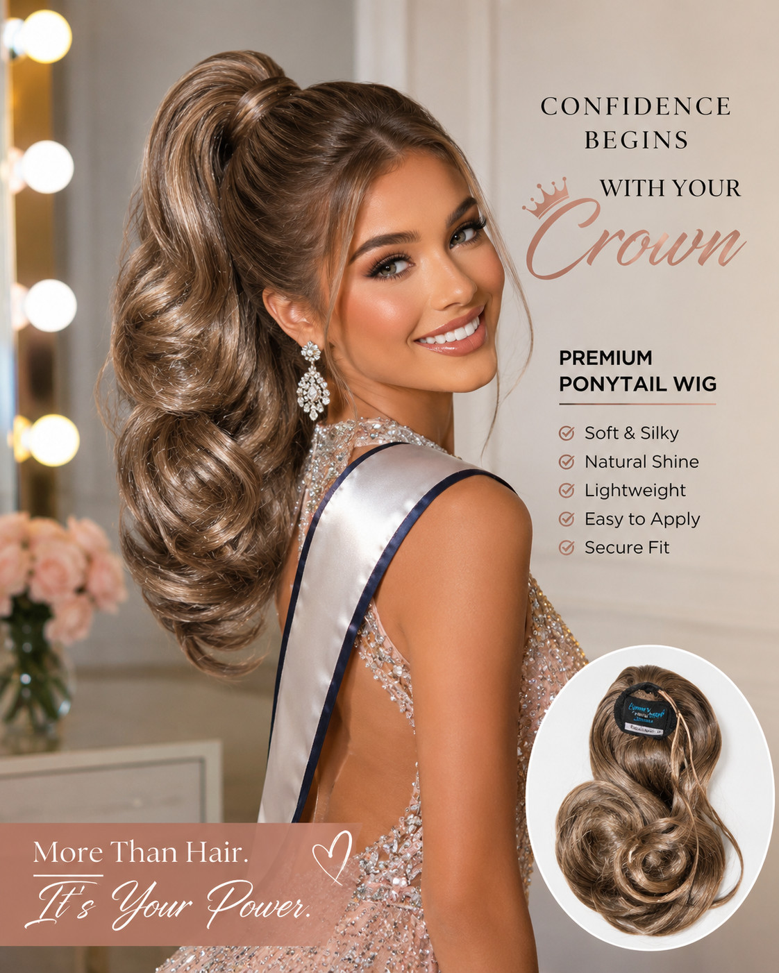 New Pageant Dark Blonde Real Human Hair Wavy Ponytail Glam Volume High Quality