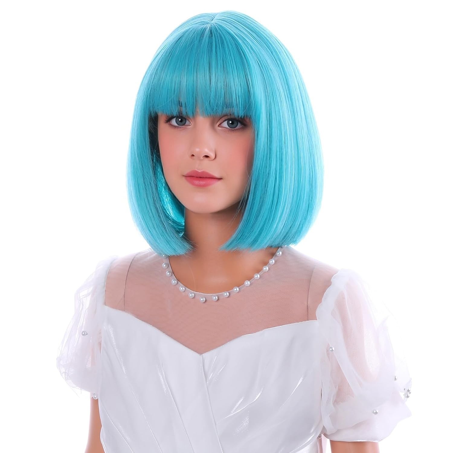 Kids Teal Blue Bob Wig Girls Short Turquoise Wig with Bangs 11in Synthetic