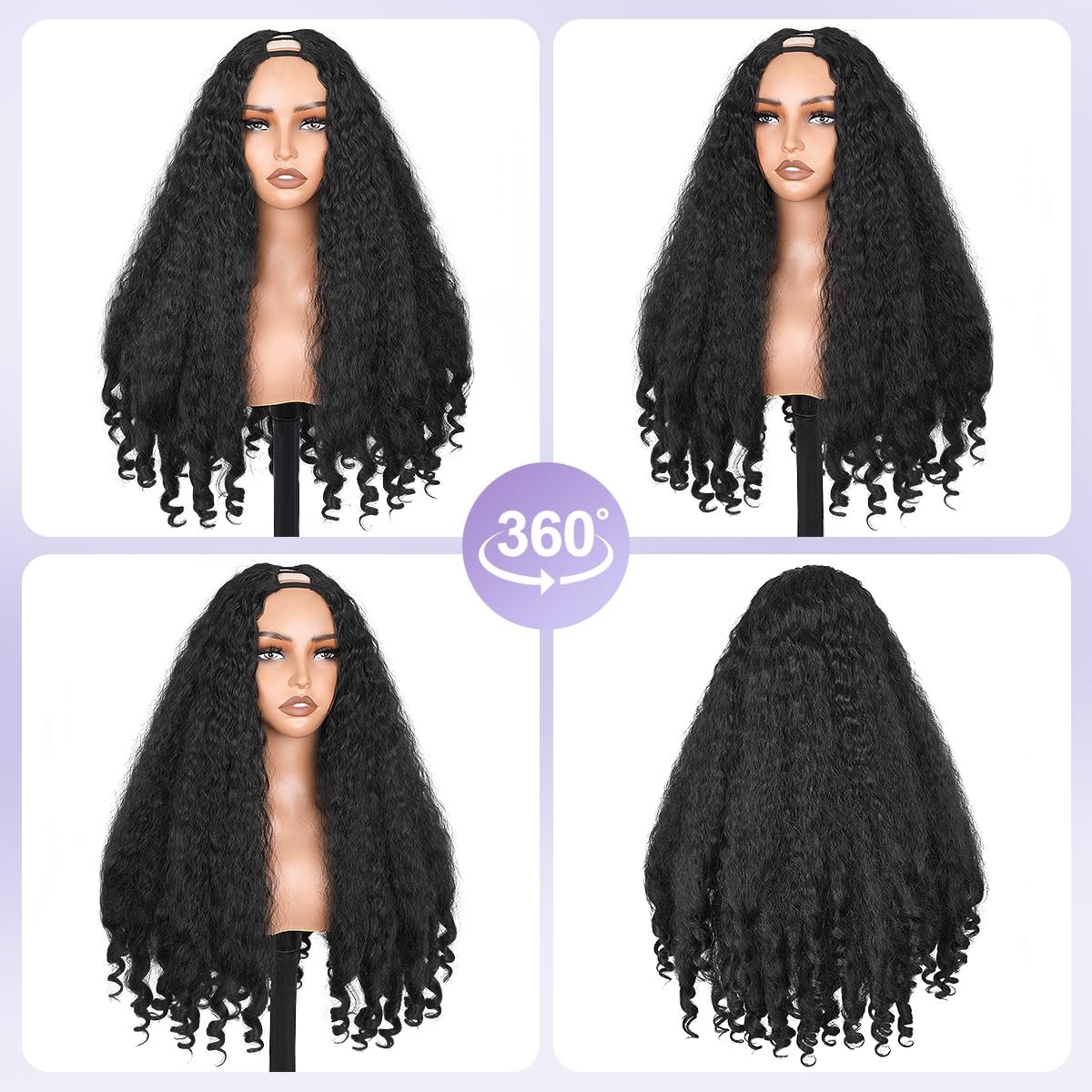 Aminow Afro Curly V Part Wig Synthetic Yaki Half Wigs for 22 Inch, 1B