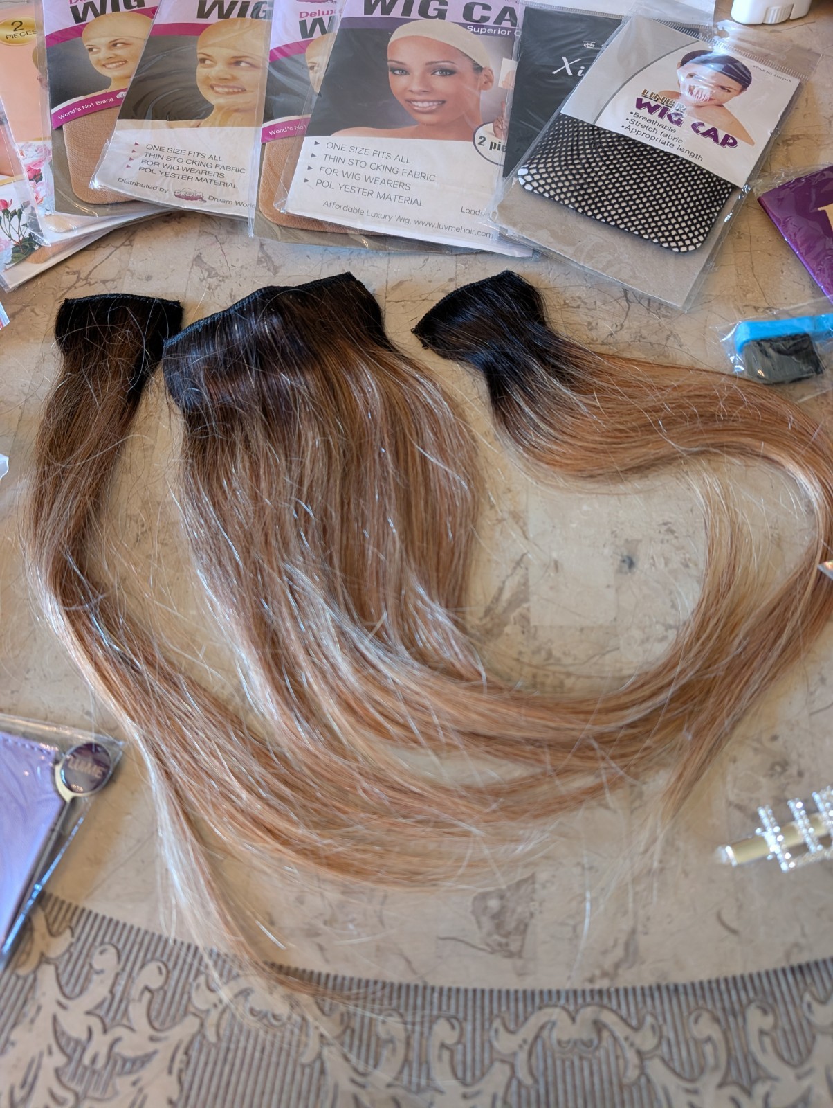 LUVME Assorted Accessories With 3 12″ Human Hair Clip In Extensions, Net Caps