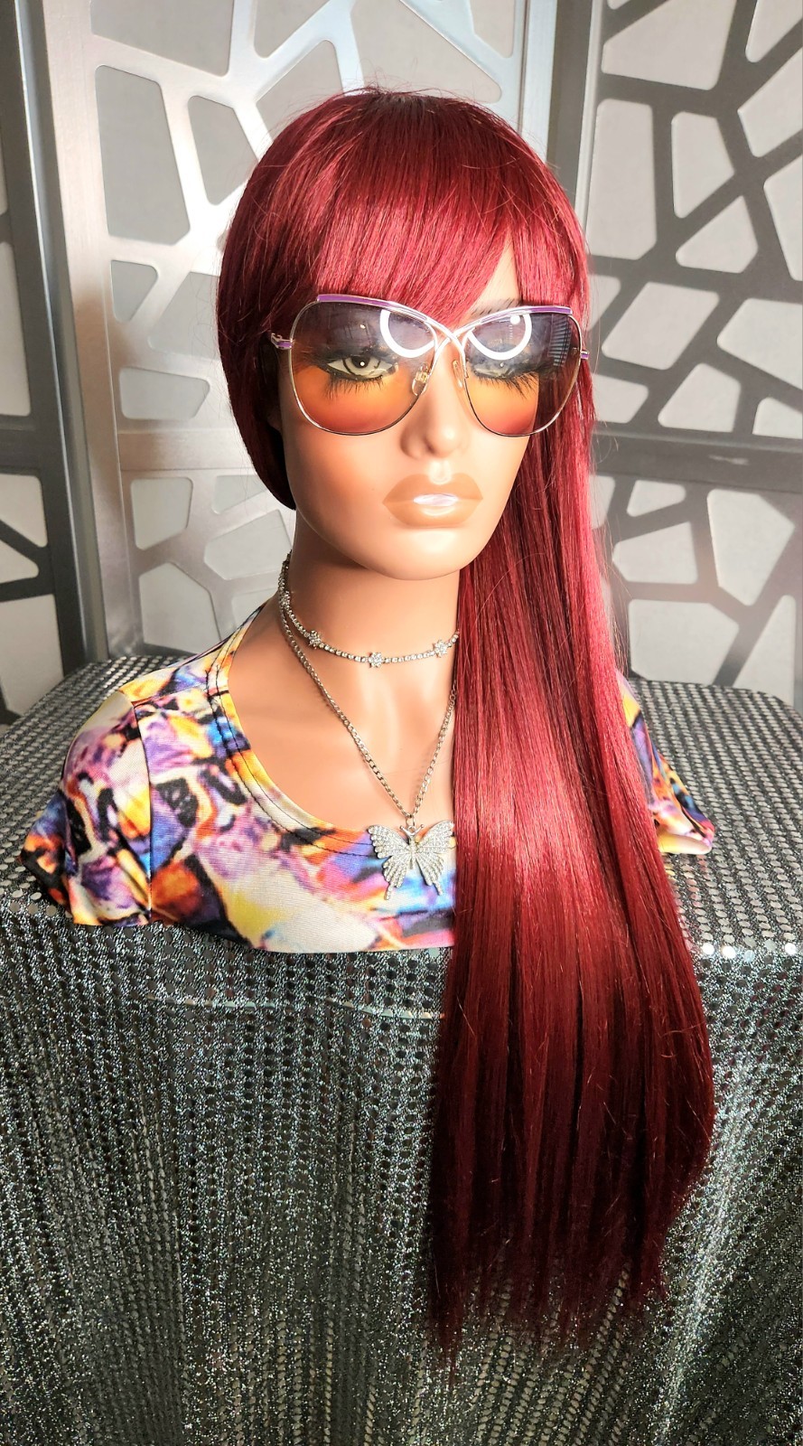 Red Wig with Bangs Straight Wig Long Red Wig Burgundy Red Wigs Glueless Heatsafe
