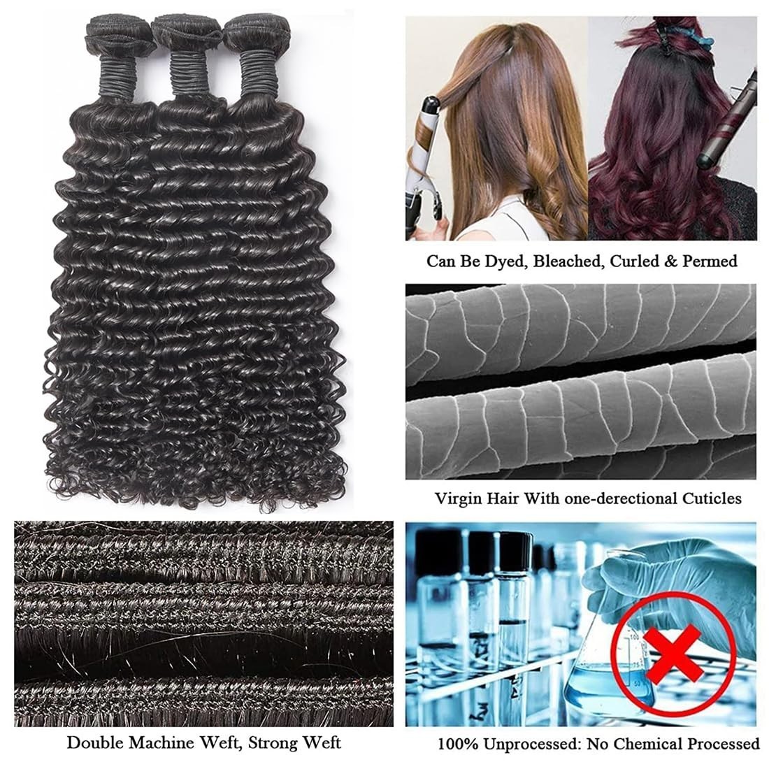 12A Curly Human Hair Bundles 20″ 22″ 24″ Deep Wave Wet & Wavy Extensions – Natur