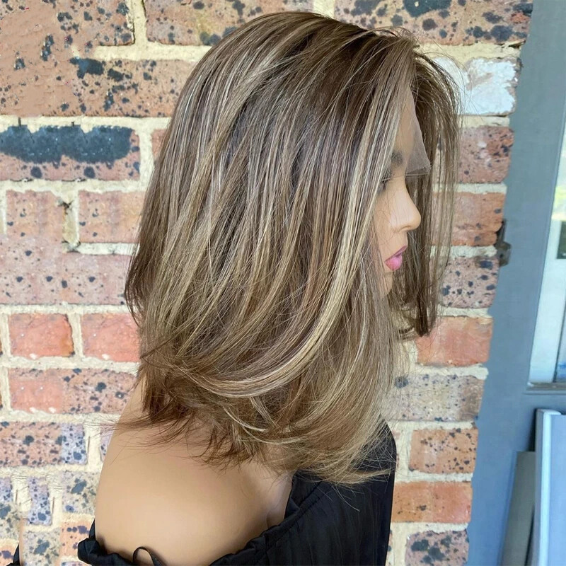 Highlight Ash Blonde with Brown Colored 13×4 Lace Front Wig Human Hair