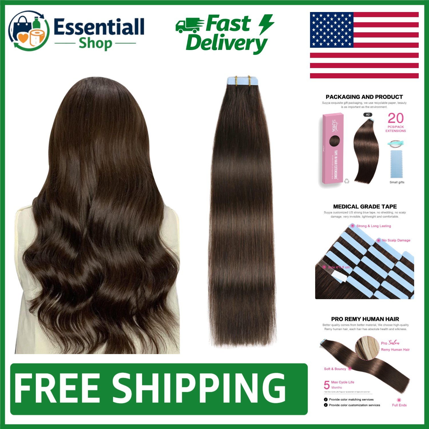 12″ Human Hair Extensions – Darkest Brown Seamless Weft, Easy Install