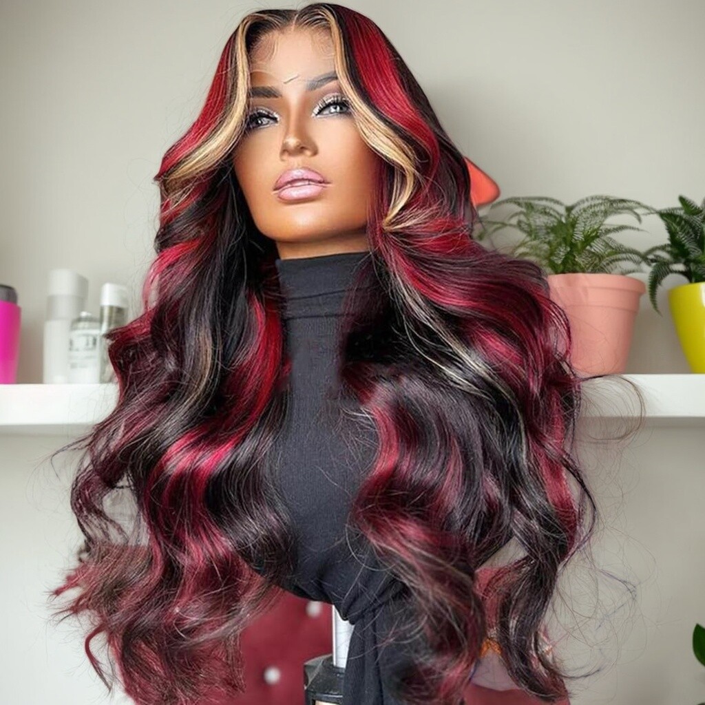 Ombre Red With Blonde Highlights Body Wave Glueless Wigs Human Hair Burgundy Red