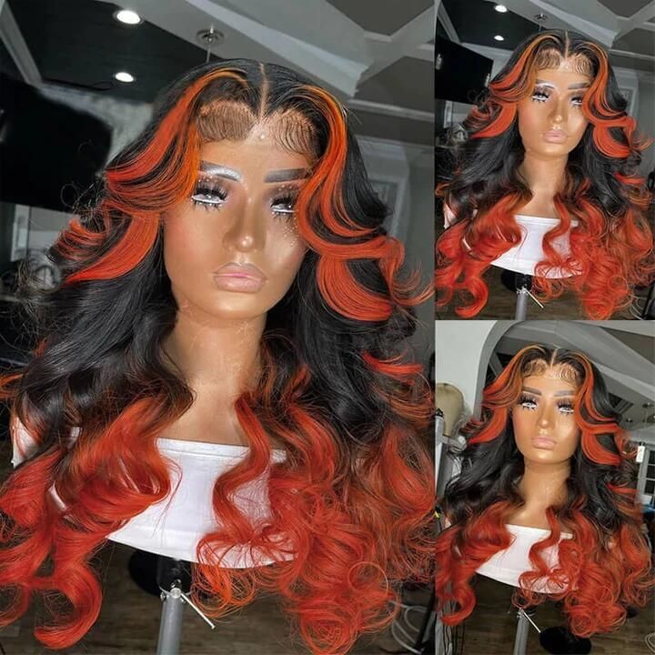 18 Inch Skunk Stripe Orange Highlight Black Lace Front Wig 4×4 Human Hair Wigs