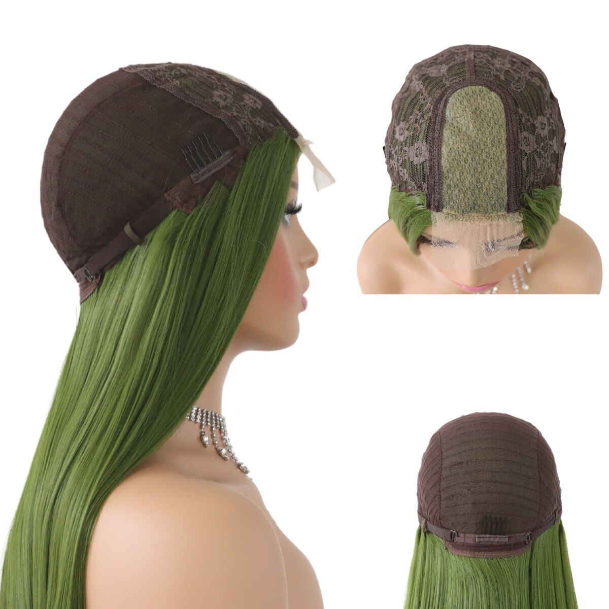 Olive Green Synthetic Hair Lace Wigs Long Straight Green Color Heat Resistant