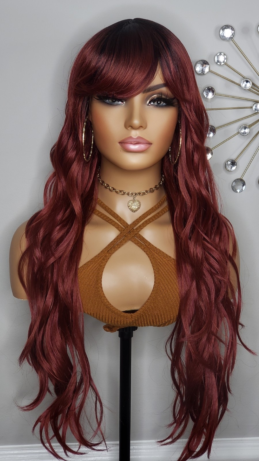 New Long Burgundy Red Wavy Full Cap Wig Bang Style Heat Resistant Hair Womens
