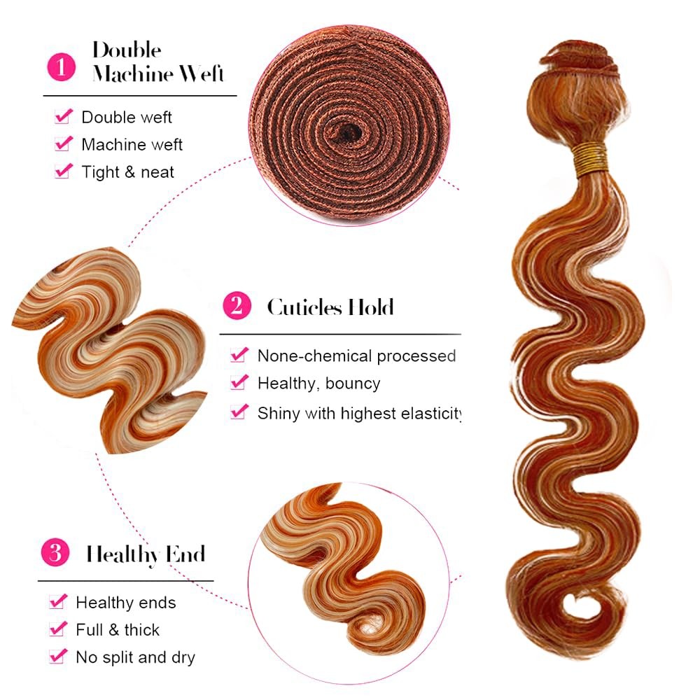Muaowig Orange Body Wave Bundles Highlight Human Hair Bundles 34 34 34 Inch
