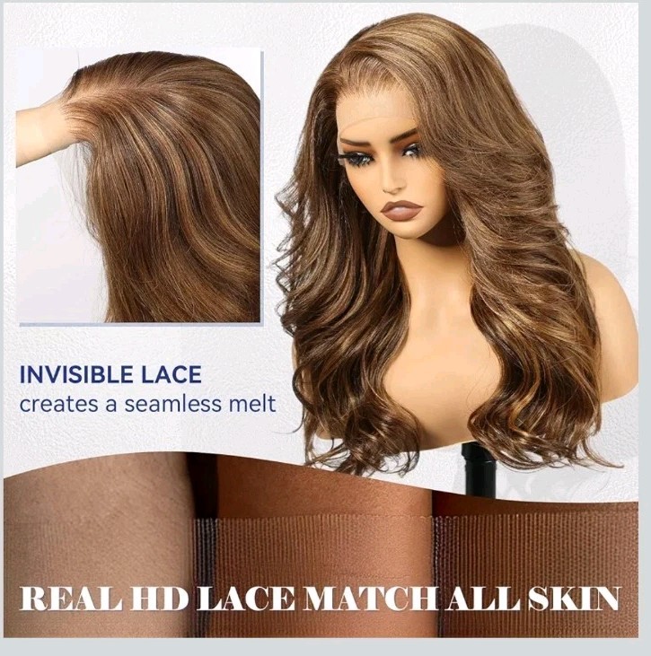 13X6 HD Synthetic Lace Front Wig, 24 Inch Mixed Brown Long Curly Layered Wig