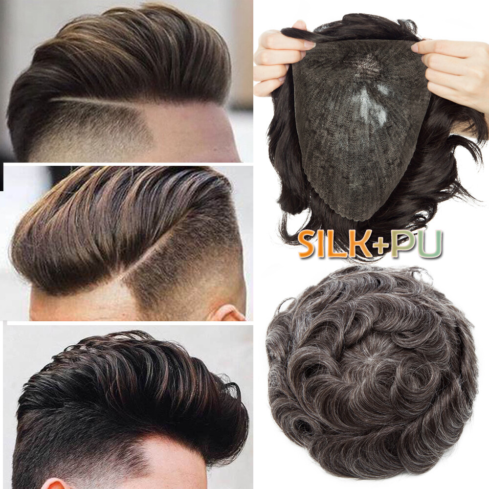 NEW Toupee Human Hair Topper Hairpiece PU Wig Remy Silk Lace Replacement System