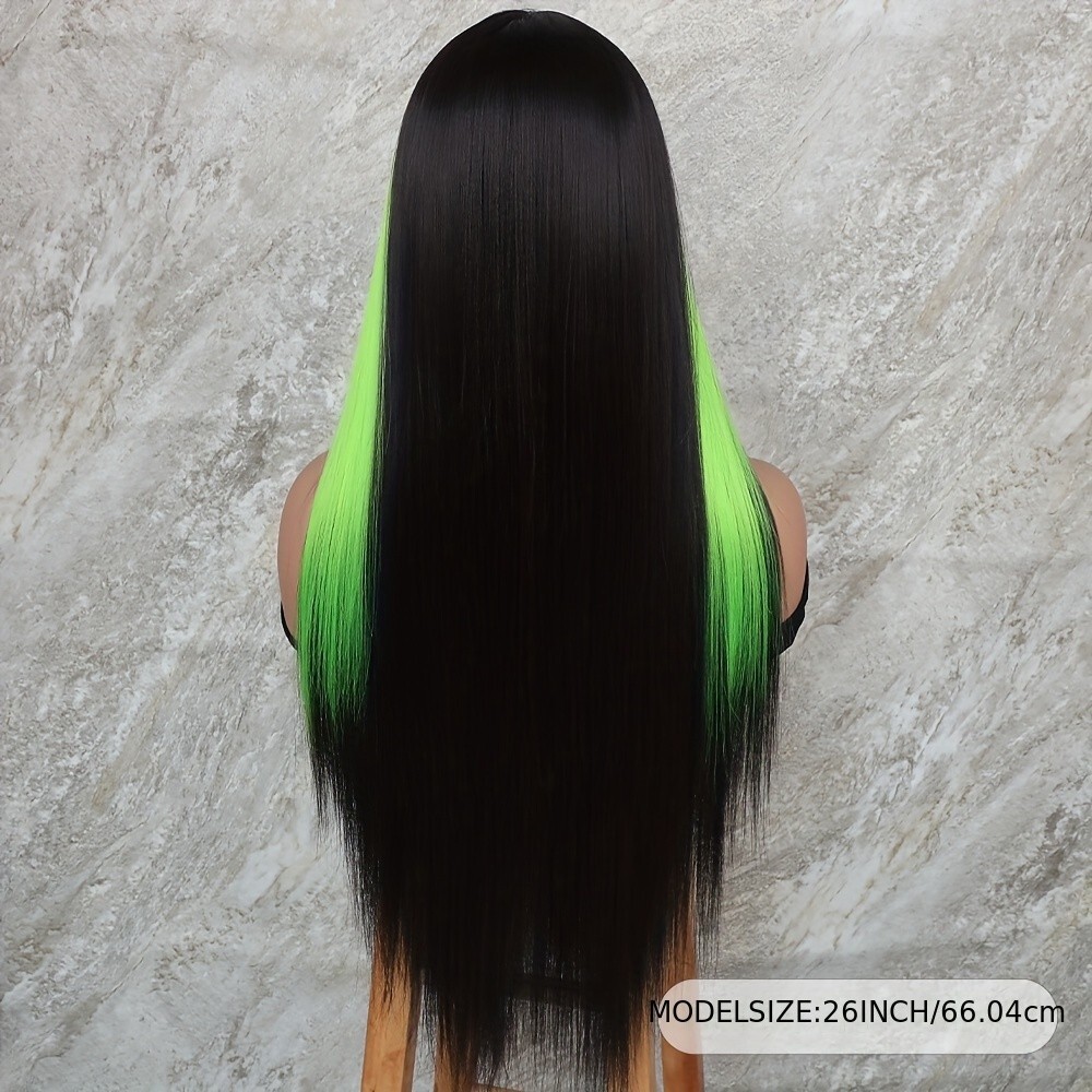 Green Highlight Black Skunk Stripe Frontal Lace Wigs Synthetic Glueless Straight