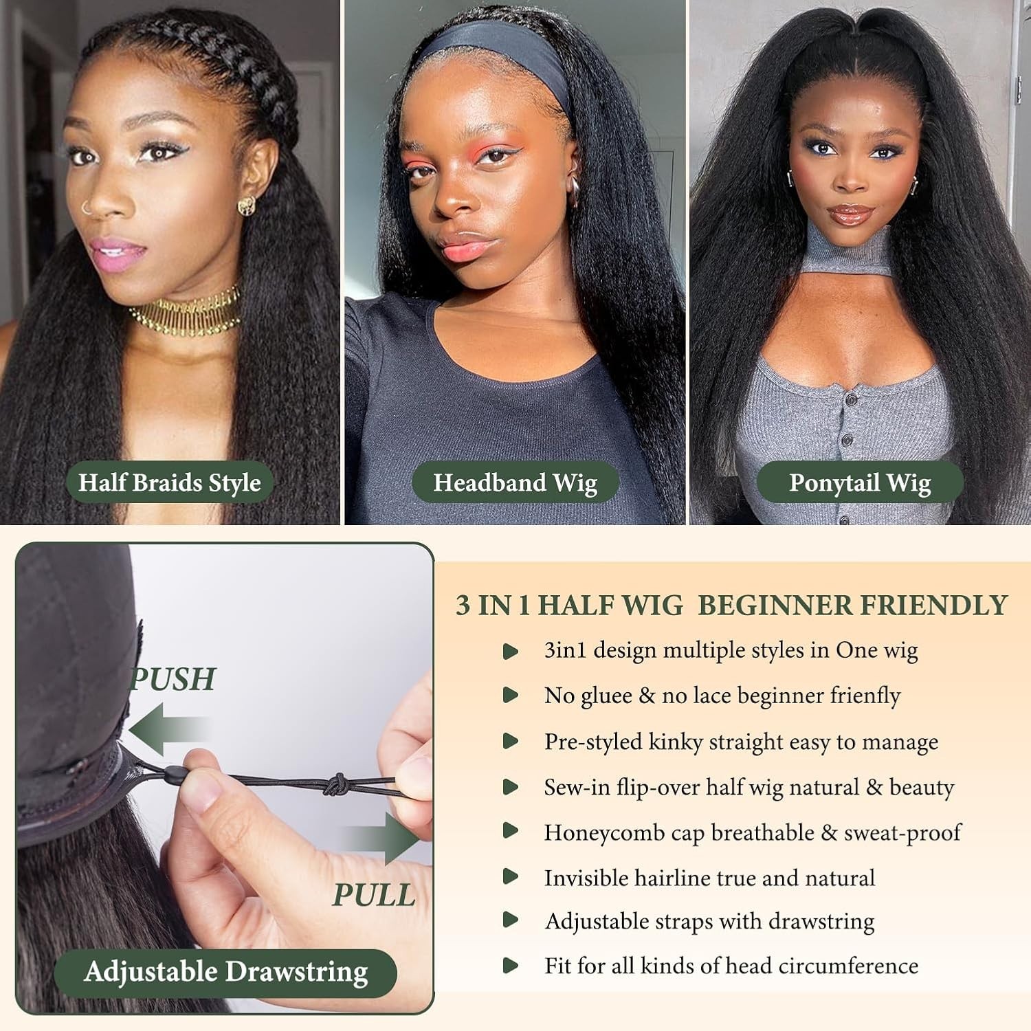 Kinky Curly 3-in-1 Half Wig Human Hair Seamless Flip Over Glueless 20 Inch #1B