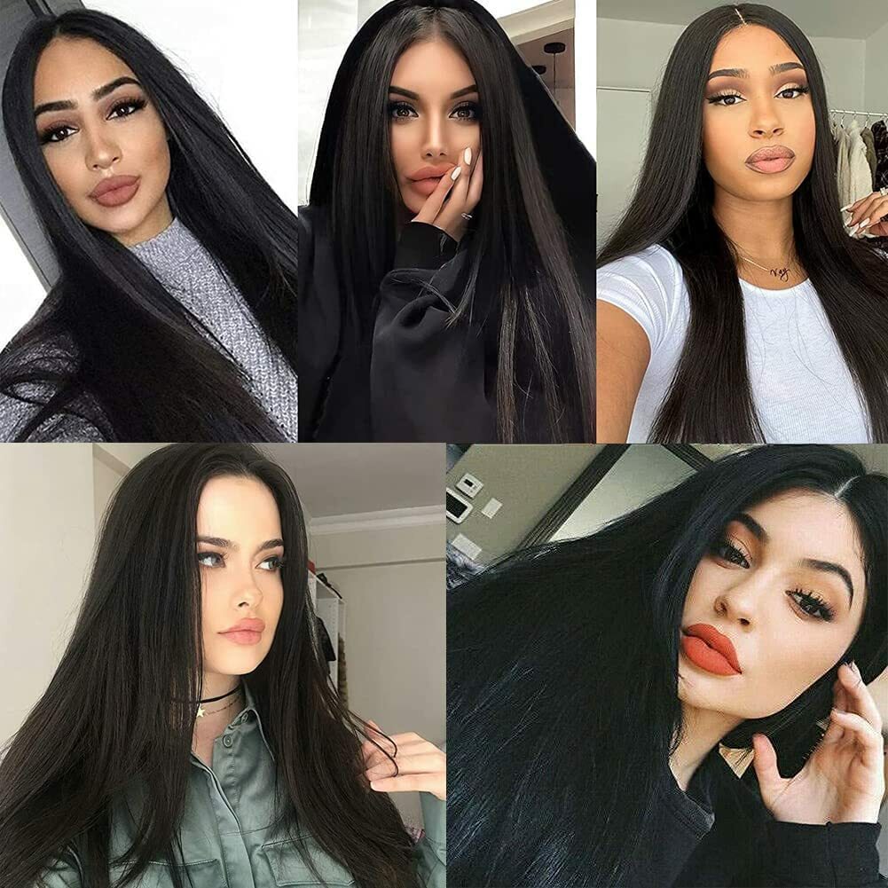 Women Black Long Straight Heat Resistant Human Hair Wig Natural Hairpiece NEW