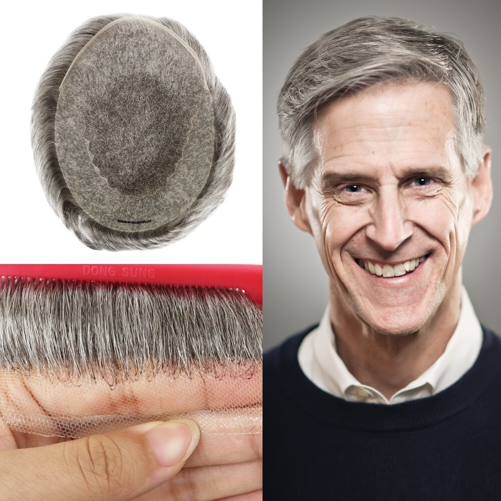 Mens Toupee French Lace Human Hair Replecement System Black Grey Hairpiece #1B65