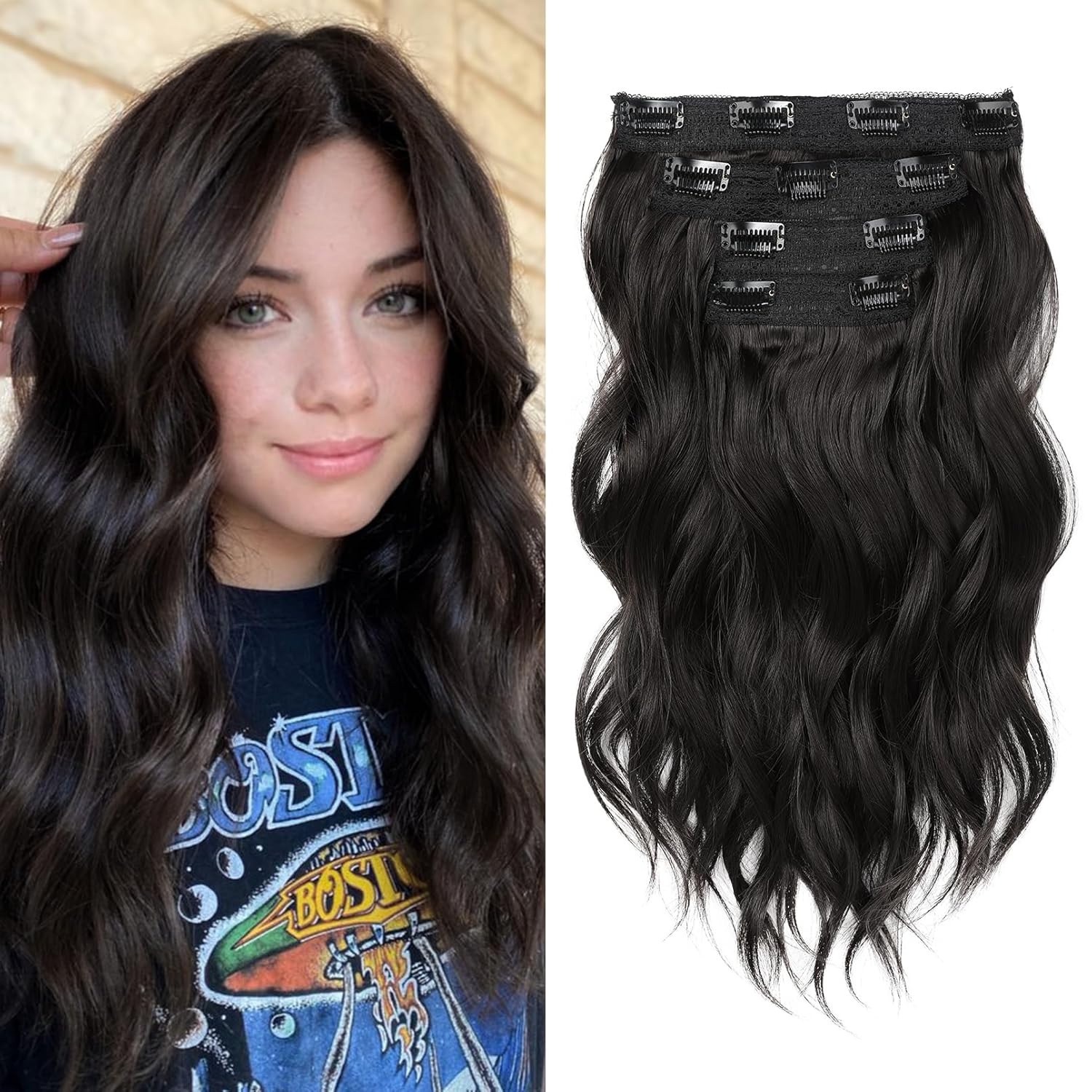 20″ Long Wavy Clip in Human Hair Extension Black Brown Clip In 6 Pcs