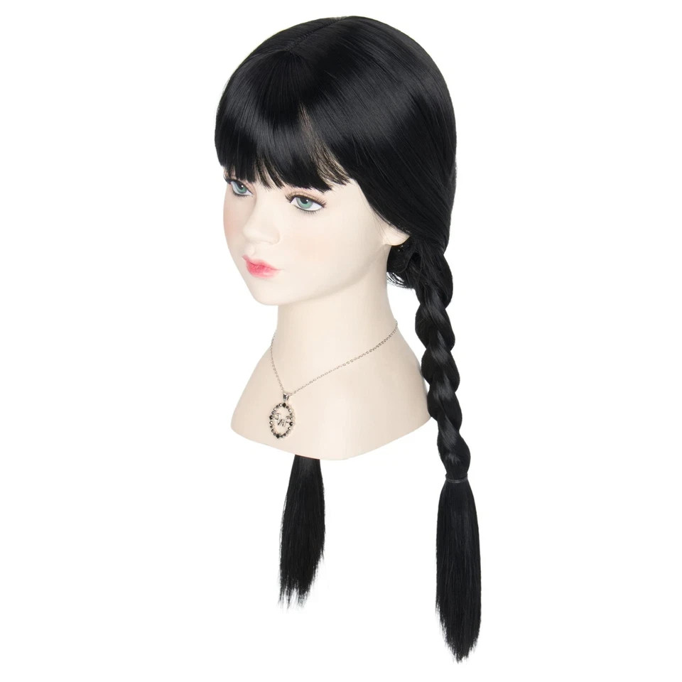 Long Straight Black Braids Wig with Bangs for Girls Child Halloween Party Cos…