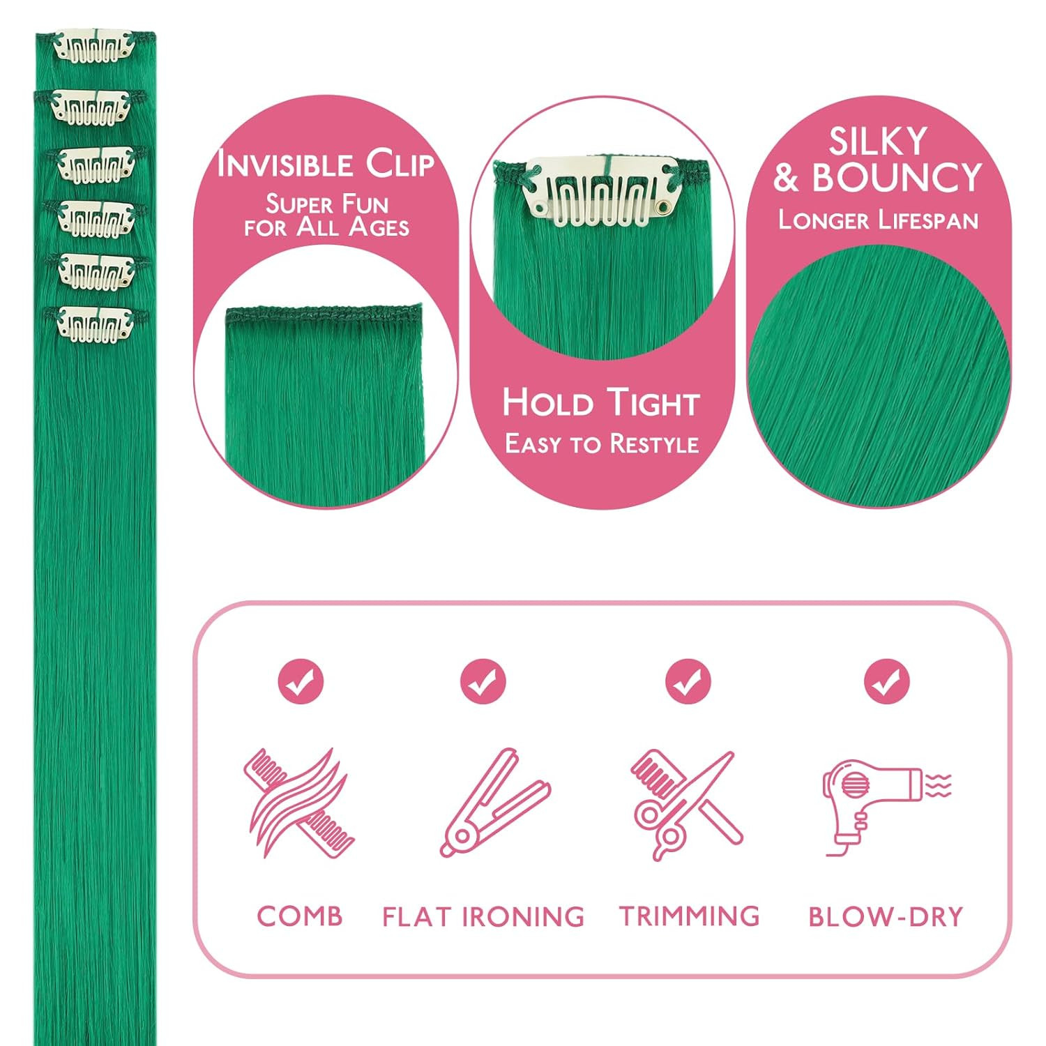 Extensiones de cabello humano real con clip verde, 35 g, 6 unidades, 20 pulgadas