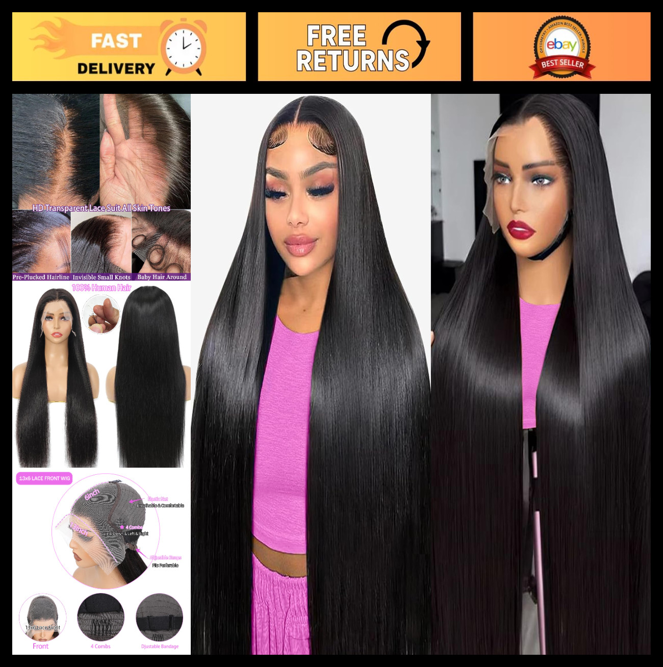 32″ 13×6 Lace Front Wig, 100% Human Hair, Pre-Plucked, Straight, HD Lace, Gluele