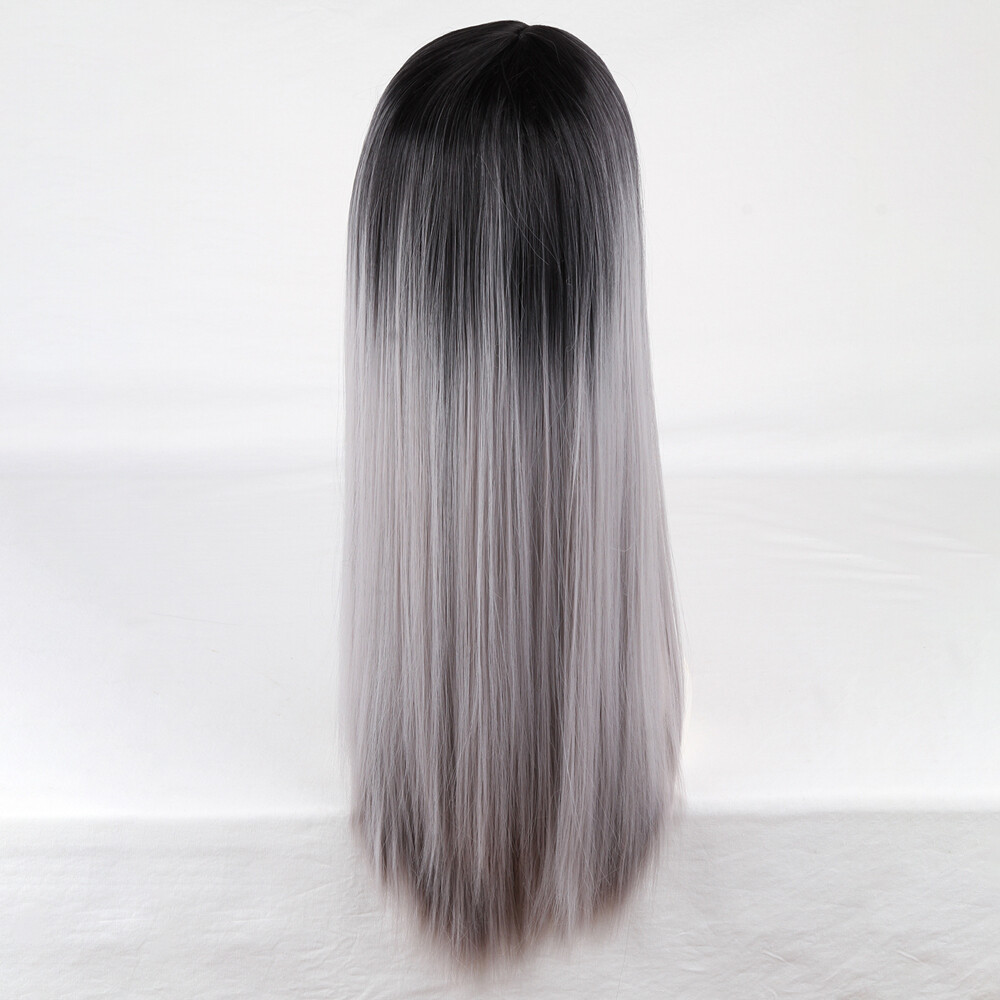 Straight Hair Black Grey Ombre Full Wigs Heat Resistant Fashion
