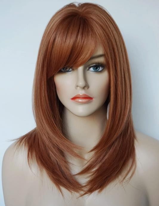 Women’s Brown Red Shoulder-Length Layered Wig with Bangs – Copper Red