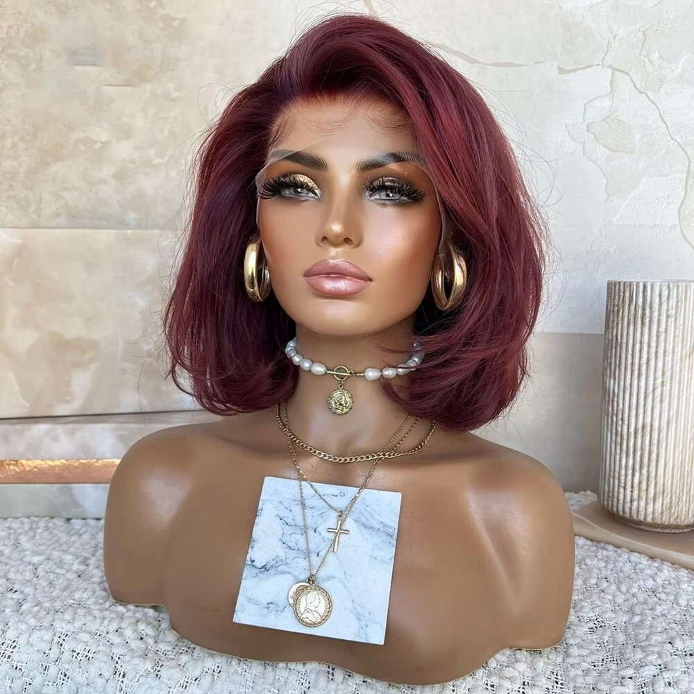 Burgundy Red Color Short Bob Lace Front Natural Wave Human Hair Wigs 200% Full
