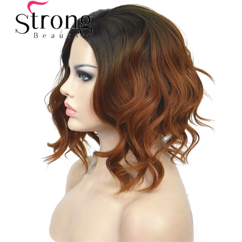 Short Black/Brown Ombre Bob, Side Part, No Bangs Full Synthetic Wigs for Women