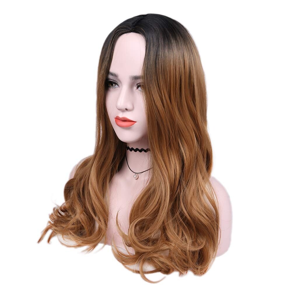 24in Black to Brown Ombre Long Wavy Wig for Women Heat Resistant Synthetic Party