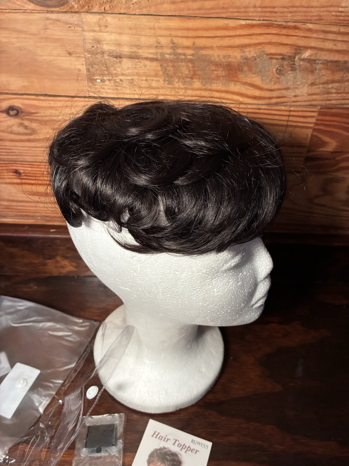 Short Curly Human Hair Topper Wiglet Pixie Cut, Clip In, Natural Black, 5×5.5”