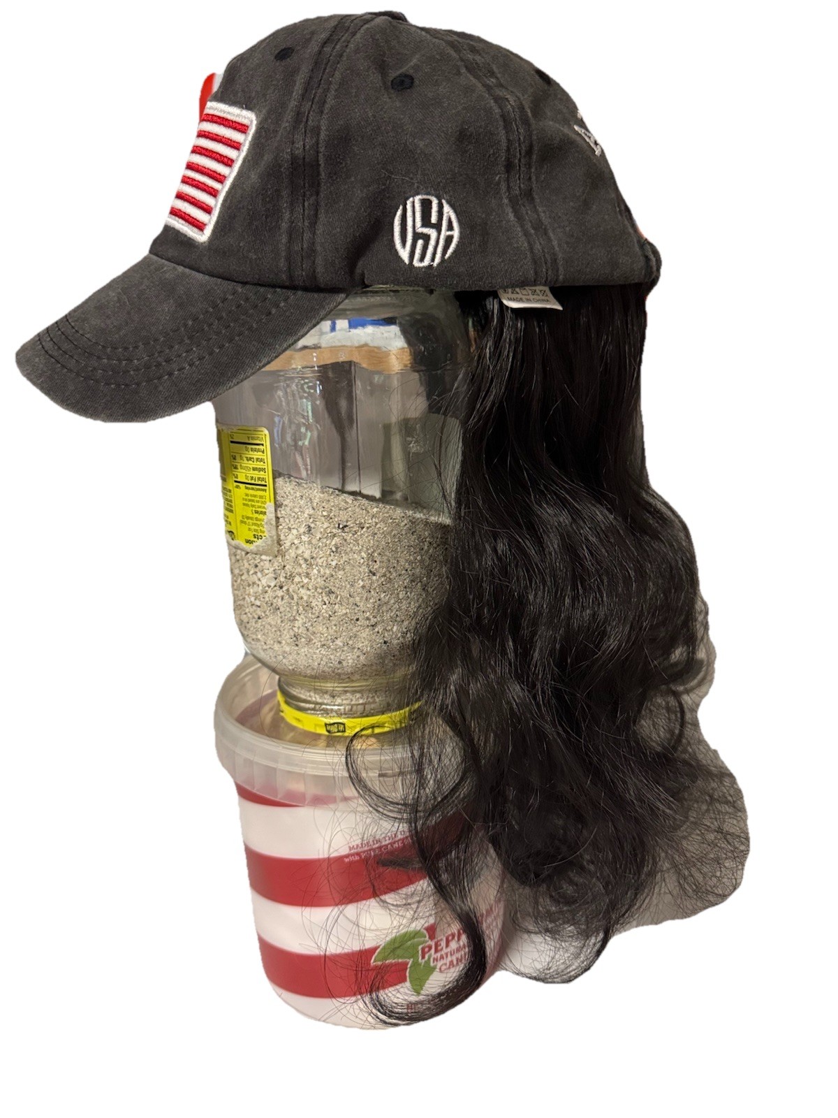 Baseball Cap Black Long Hair Attached To Back American Flag One size Fits All