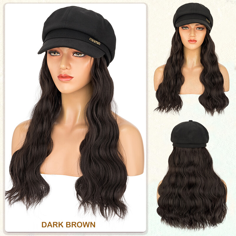 Beret Hat with Hair Extensions Wool Cap Attached 18” curly Hairpiece Synthetic