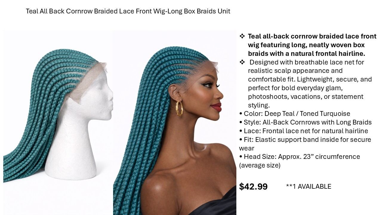 Elegant Deep Teal All-Back Cornrow Lace Front Elastic Band Box Braided Wig