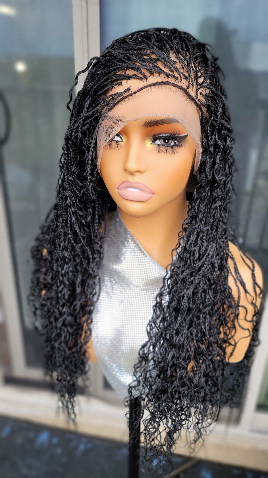 Braided Wig 22″ Micro Boho Braids Jet Black Full Lace Glueless Handmade Long NWT