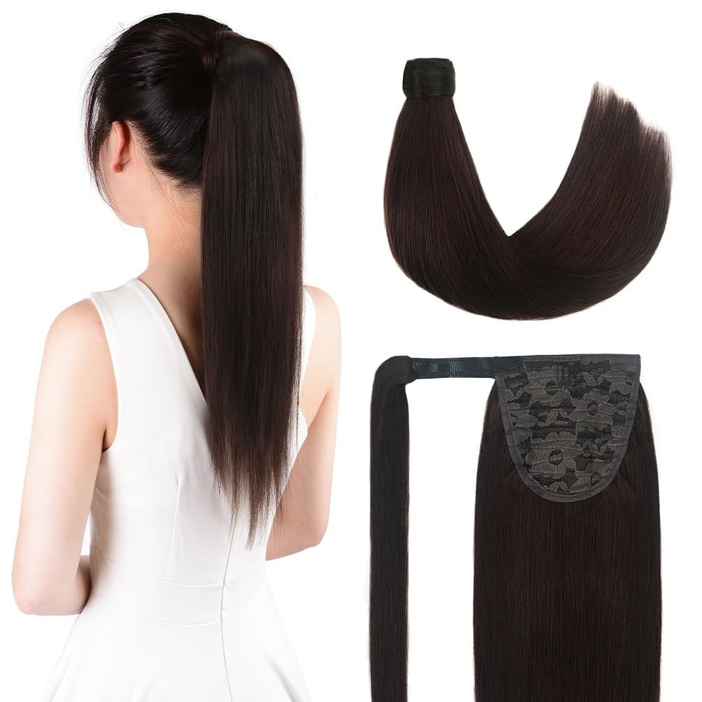 Winsky 22 Inch Human Hair Ponytail 90G Long Wrap Around Ponytail Dark Brown