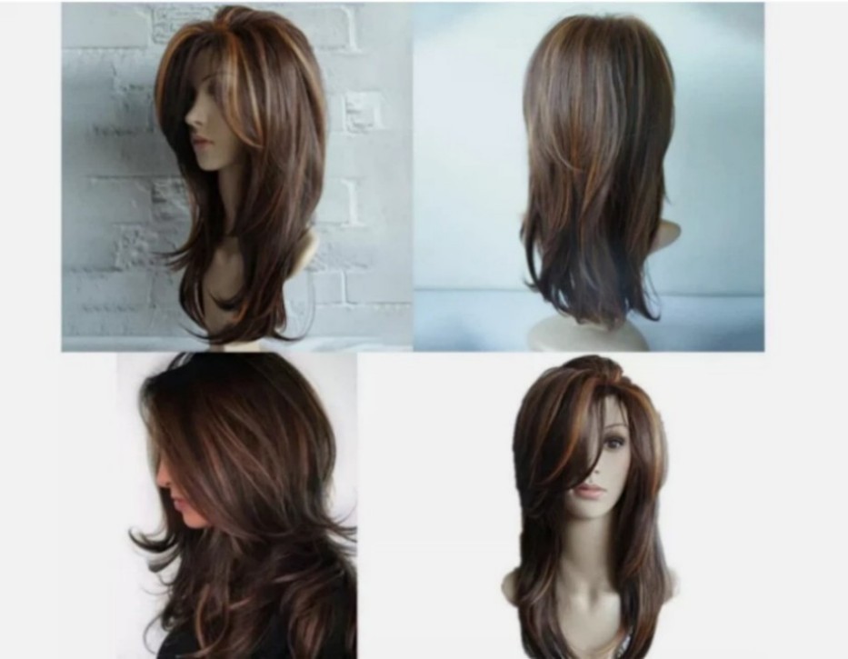 Women Dark Brown w/Gold Highlight Ombre Shoulder Length Curly Hair Wig-&&++