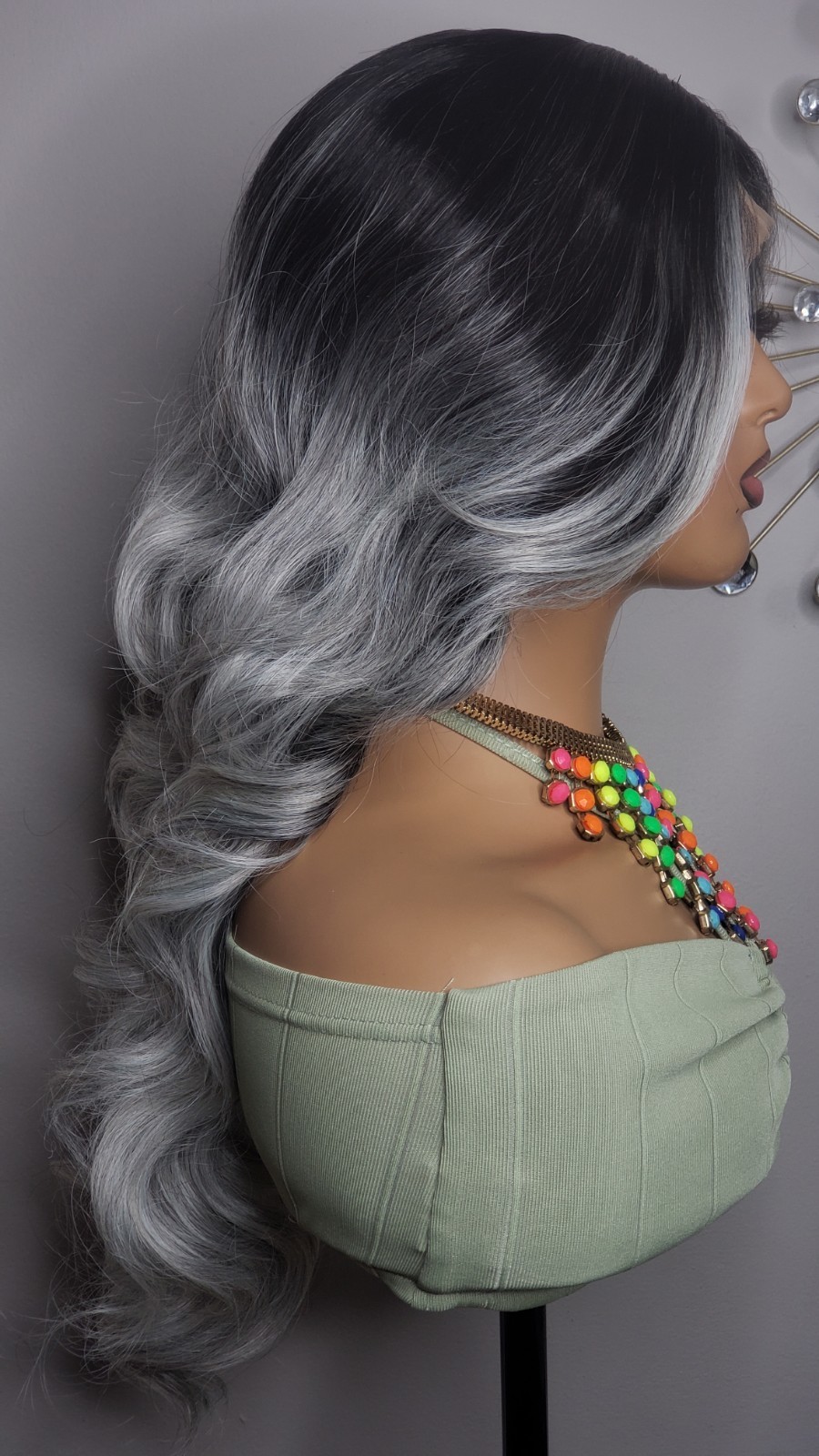 New Long Curly Money Piece Silver Gray Black Lace Front Wig Womens Wavy Style