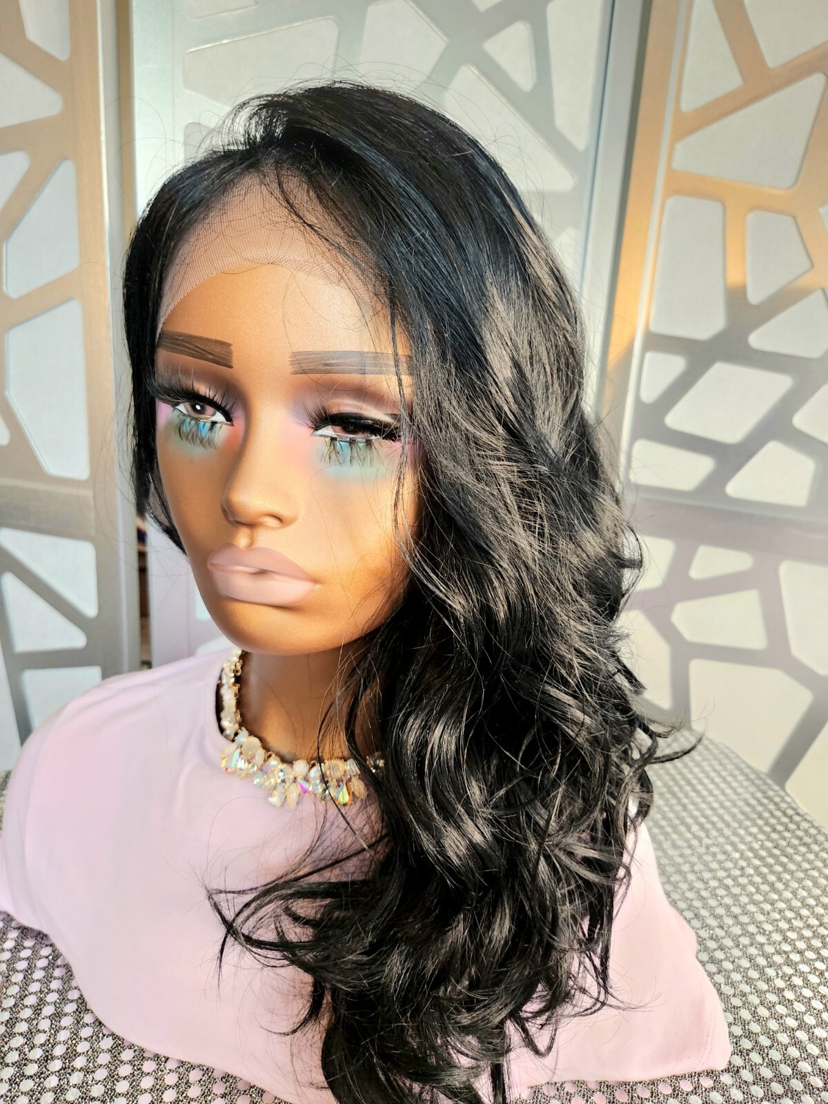 Curly Black Wig Human Blend Loose Wave Free Parting 13×4 Lace Front Wig Glueless