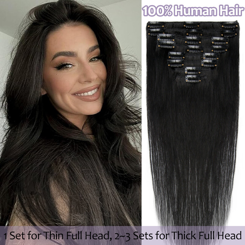 Real Remy Human Hair Extensions Clip in 8Pcs 18Clips Straight Burgundy Full Head