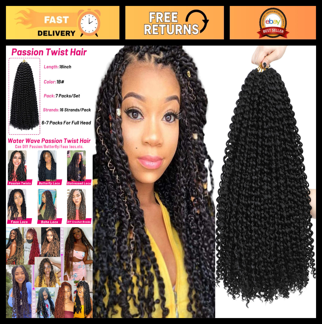 18″ Passion Twist Crochet Hair – 7 Packs Water Wave Bohemian Curly Braids for Bu
