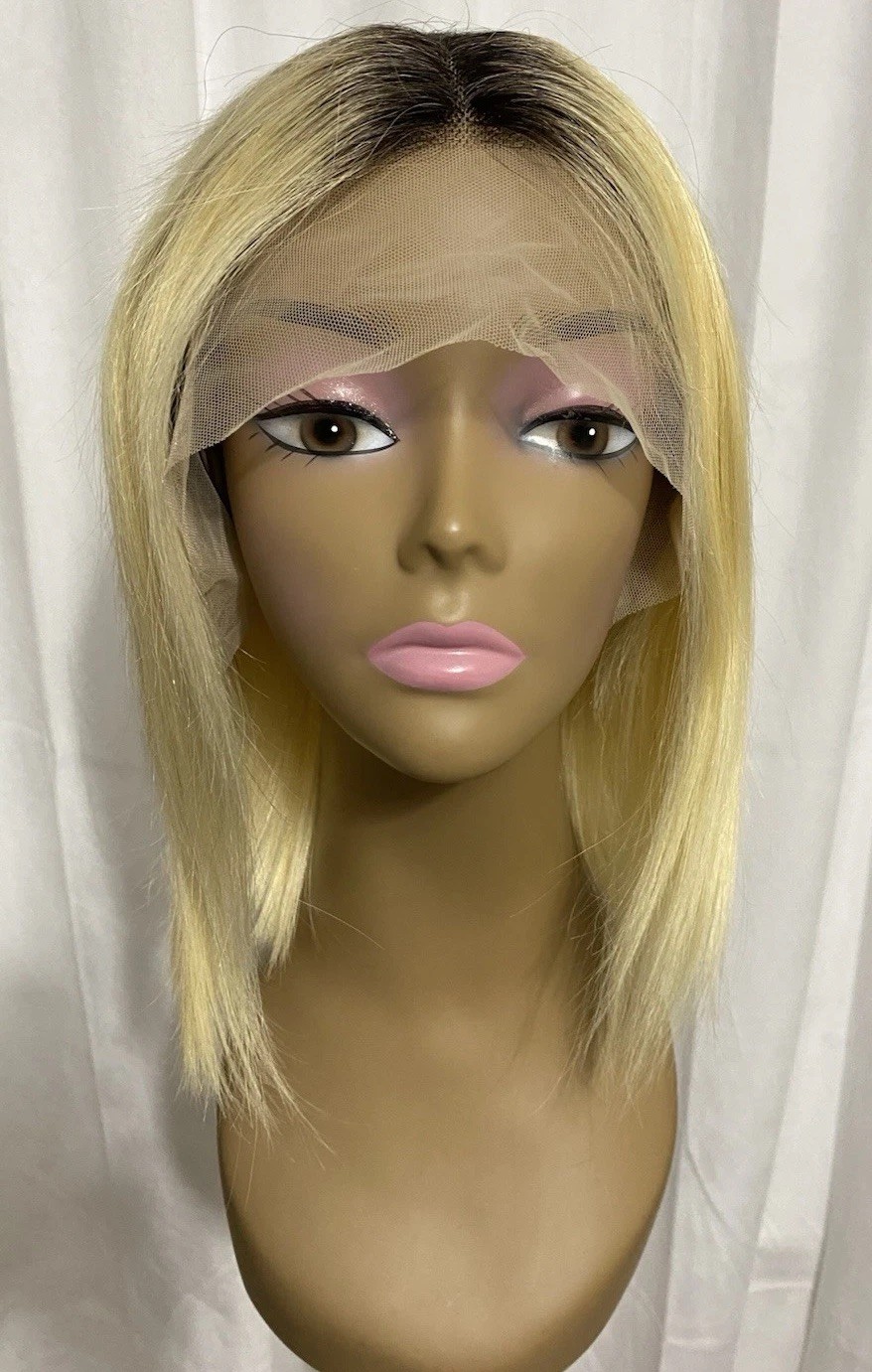 12 Inch Ombre Blonde Wig 1B/613 Human Hair Lace Front T-Part Blunt Cut Bob
