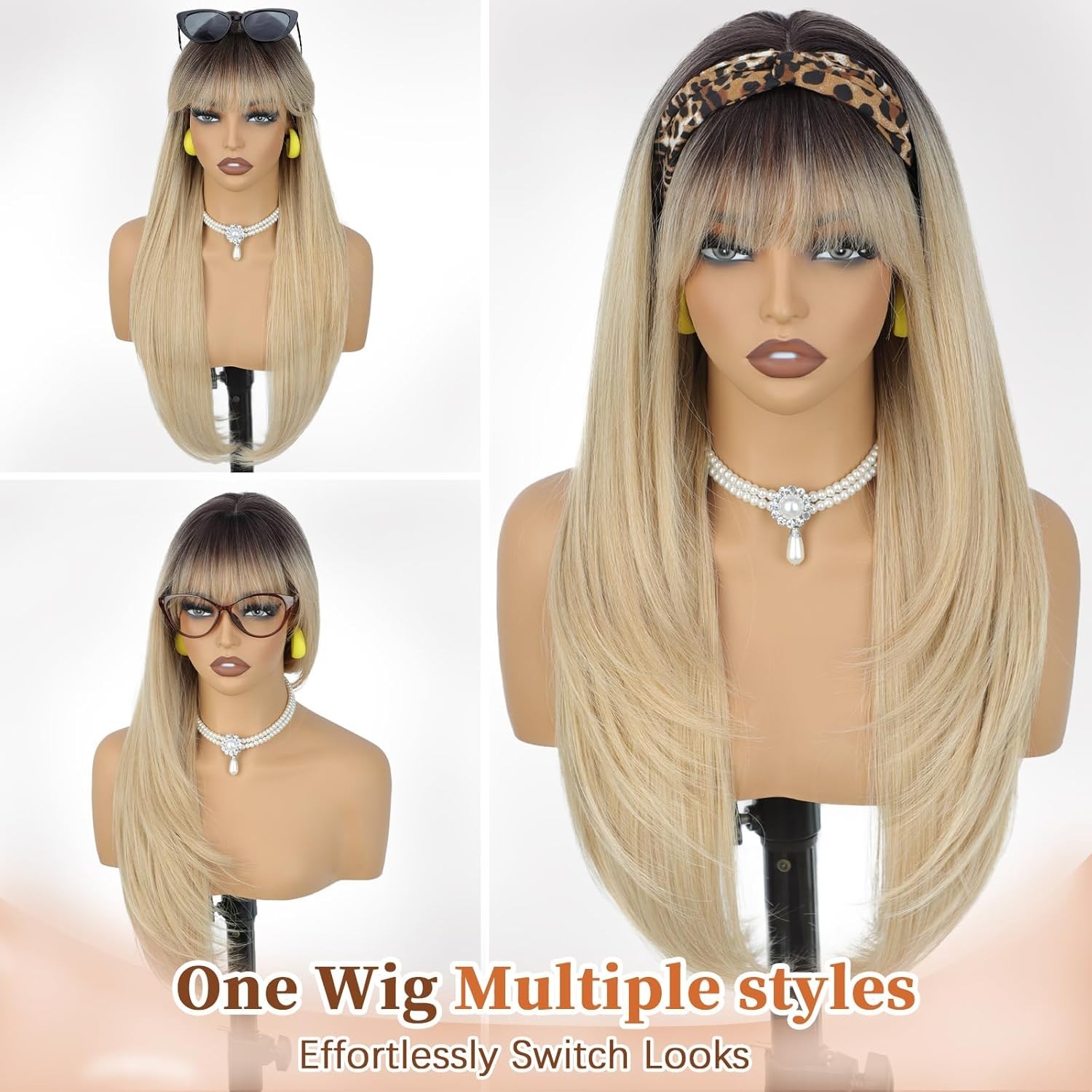 Ombre Blonde Wig with Bangs for Women, Long Layered 4×4 Realistic Scalp, Free Pa