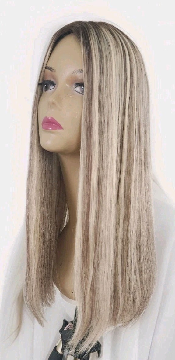 100% HUMAN HAIR 22” ASH BLONDE DIMENSIONS TOPPER SILKTOP 8”X8” FREE PARTING