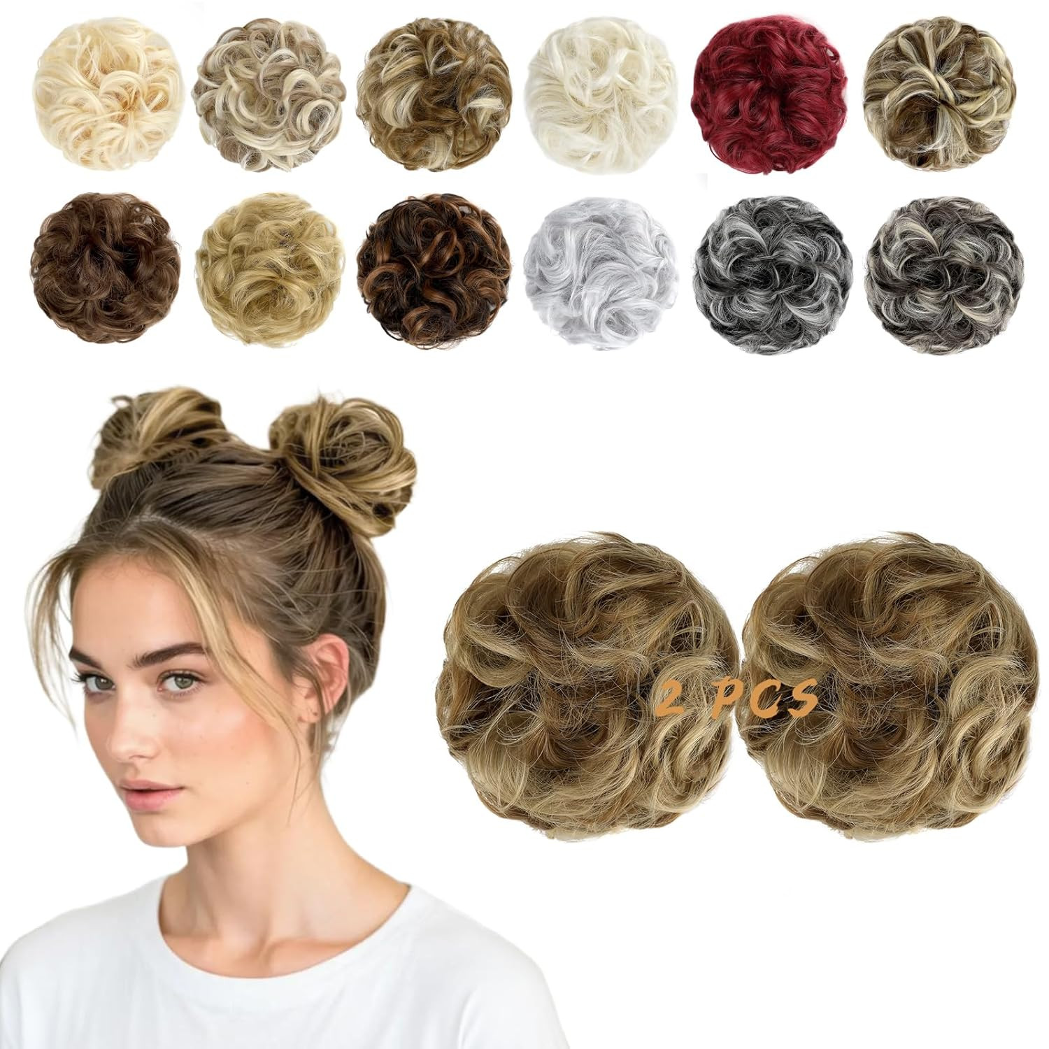 2 PCS Messy Bun Hair Piece Wavy Curly Scrunchies Synthetic Chignon Ponytail Hair
